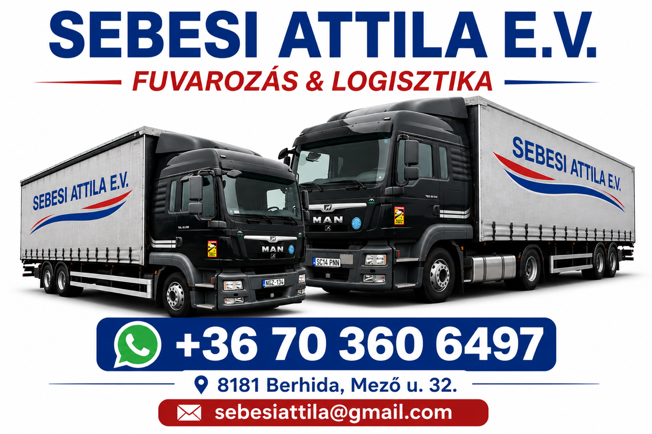 Sebesi Attila EV.
8181 Berhida,Veszprém megye
+36 70 360-6497
Email:
sebesi-trans@protonmail.com
  sebesiattila@gmail.com